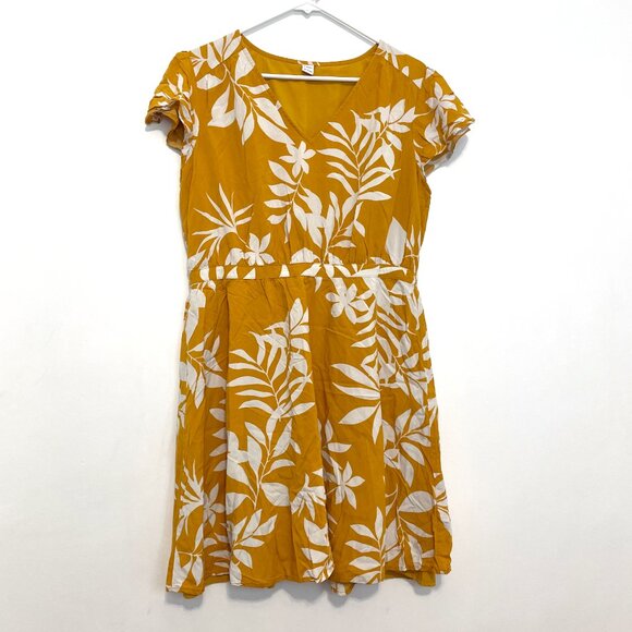 OLD NAVY Waist Defined V-Neck Dress Mustard Yellow White Floral Cap Sleeve Knee - Picture 2 of 14